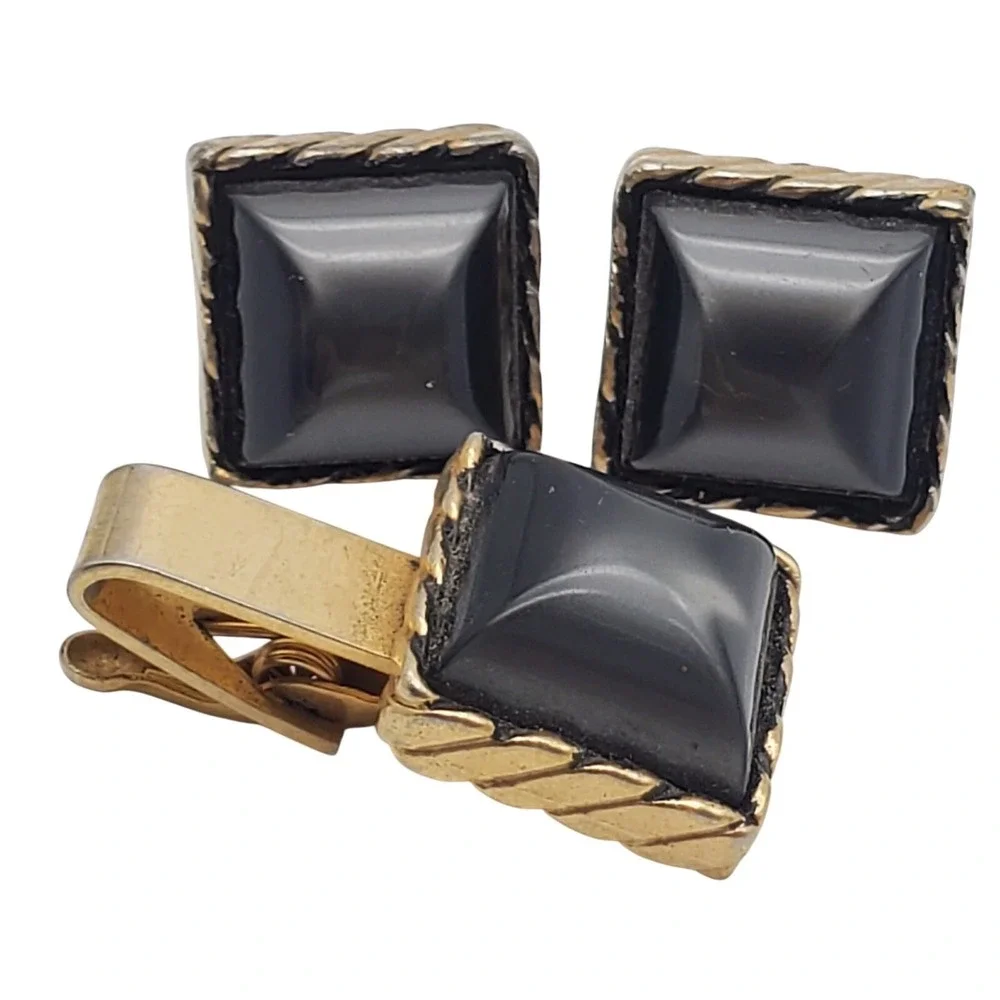Dark Gray Square Cufflinks & Tie Clip Gold Tone Bar Clasp Faux Moonglow Vtg Set